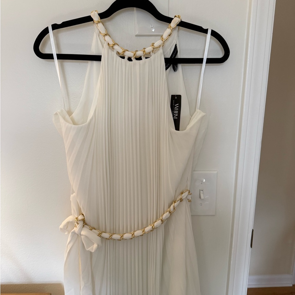 White House Black Market Cream Pleated Maxi Dress with Gold Chain Trim